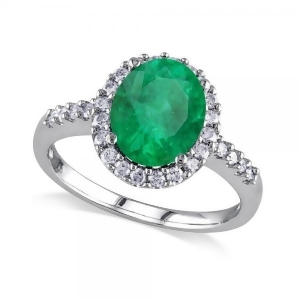 Oval Emerald and Halo Diamond Engagement Ring 14k White Gold 3.02ct - All