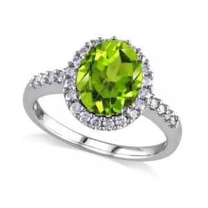 Oval Peridot and Halo Diamond Engagement Ring 14k White Gold 2.67ct - All