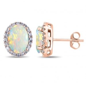 Oval Opal and Halo Diamond Stud Earrings 14k Rose Gold 2.60ct - All