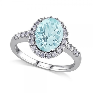 Oval Aquamarine and Halo Diamond Engagement Ring 14k White Gold 2.67ct - All