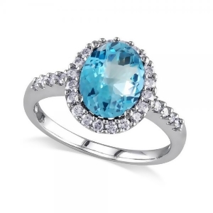 Oval Blue Topaz and Halo Diamond Engagement Ring 14k White Gold 3.92ct - All