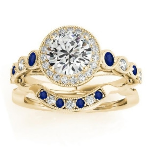Blue Sapphire and Diamond Halo Bridal Set 14K Yellow Gold 0.54ct - All