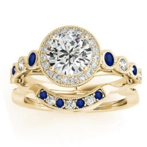 Blue Sapphire and Diamond Halo Bridal Set 18K Yellow Gold 0.54ct - All