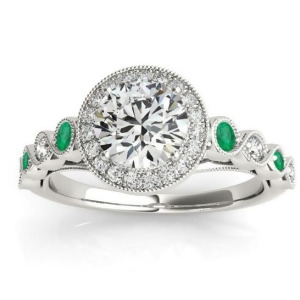 Emerald and Diamond Halo Engagement Ring 18K White Gold 0.36ct - All