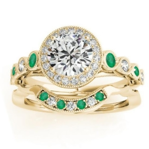 Emerald and Diamond Halo Bridal Set Setting 14K Yellow Gold 0.54ct - All