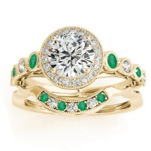Emerald and Diamond Halo Bridal Set Setting 18K Yellow Gold 0.54ct - All