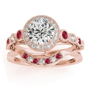 Ruby and Diamond Halo Bridal Set Setting 14K Rose Gold 0.54ct - All