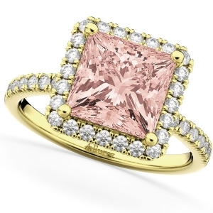 Princess Cut Halo Morganite and Diamond Engagement Ring 14K Yellow Gold 3.47ct - All