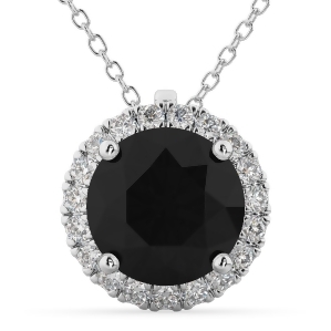 Halo Round Black Diamond Pendant Necklace 14k White Gold 2.29ct - All