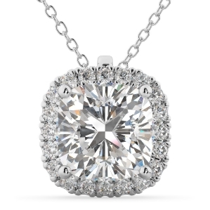 Halo Cushion Cut Diamond Pendant Necklace 14k White Gold 2.27ct - All