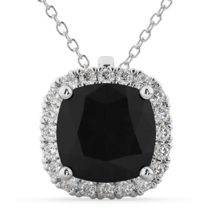 Halo Cushion Cut Black Diamond Necklace 14k White Gold 2.27ct - All
