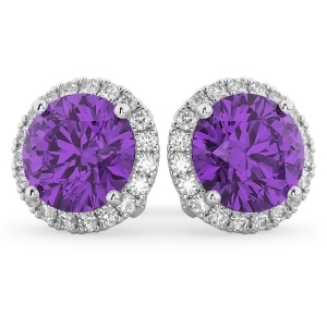 Halo Round Amethyst and Diamond Earrings 14k White Gold 4.17ct - All