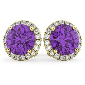 Halo Round Amethyst and Diamond Earrings 14k Yellow Gold 4.17ct - All