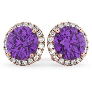 Halo Round Amethyst and Diamond Earrings 14k Rose Gold 4.17ct - All