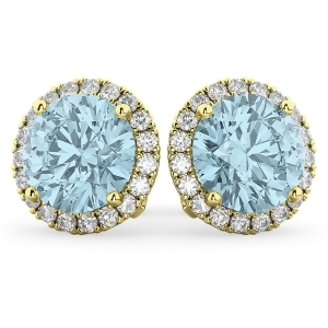Halo Round Aquamarine and Diamond Earrings 14k Yellow Gold 4.97ct - All