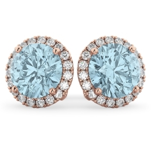 Halo Round Aquamarine and Diamond Earrings 14k Rose Gold 4.97ct - All