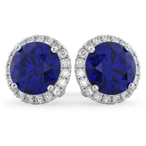 Halo Round Blue Sapphire and Diamond Earrings 14k White Gold 5.17ct - All