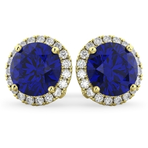 Halo Round Blue Sapphire and Diamond Earrings 14k Yellow Gold 5.17ct - All