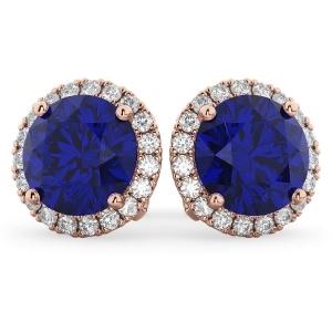 Halo Round Blue Sapphire and Diamond Earrings 14k Rose Gold 5.17ct - All