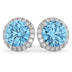 Halo Round Blue Topaz and Diamond Earrings 14k White Gold 5.57ct - All