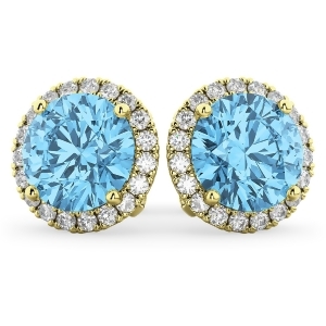 Halo Round Blue Topaz and Diamond Earrings 14k Yellow Gold 5.57ct - All