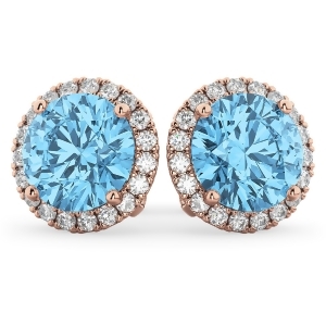 Halo Round Blue Topaz and Diamond Earrings 14k Rose Gold 5.57ct - All