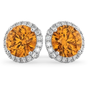 Halo Round Citrine and Diamond Earrings 14k White Gold 4.17ct - All