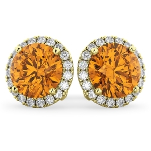 Halo Round Citrine and Diamond Earrings 14k Yellow Gold 4.17ct - All