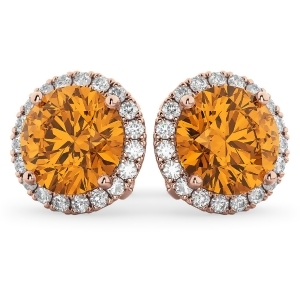 Halo Round Citrine and Diamond Earrings 14k Rose Gold 4.17ct - All