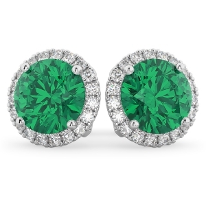 Halo Round Emerald and Diamond Earrings 14k White Gold 4.97ct - All