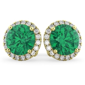 Halo Round Emerald and Diamond Earrings 14k Yellow Gold 4.97ct - All