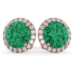 Halo Round Emerald and Diamond Earrings 14k Rose Gold 4.97ct - All