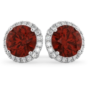 Halo Round Garnet and Diamond Earrings 14k White Gold 5.57ct - All