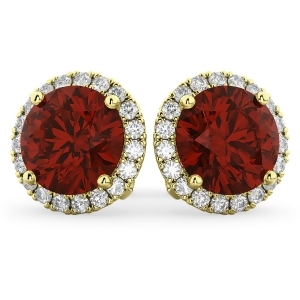 Halo Round Garnet and Diamond Earrings 14k Yellow Gold 5.57ct - All