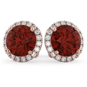 Halo Round Garnet and Diamond Earrings 14k Rose Gold 5.57ct - All