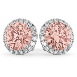 Halo Round Morganite and Diamond Earrings 14k White Gold 4.17ct - All
