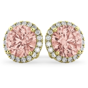 Halo Round Morganite and Diamond Earrings 14k Yellow Gold 4.17ct - All