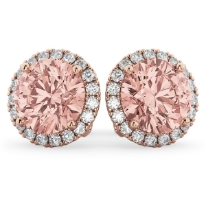 Halo Round Morganite and Diamond Earrings 14k Rose Gold 4.17ct - All