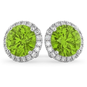 Halo Round Peridot and Diamond Earrings 14k White Gold 4.57ct - All