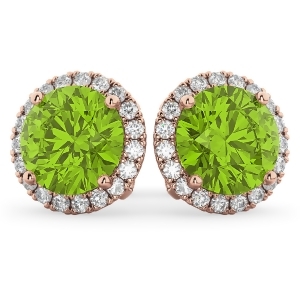 Halo Round Peridot and Diamond Earrings 14k Rose Gold 4.57ct - All