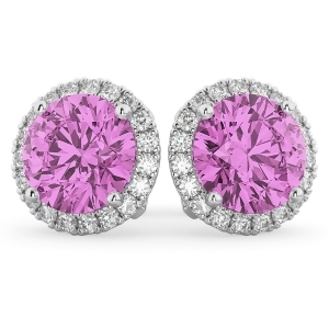 Halo Round Pink Sapphire and Diamond Earrings 14k White Gold 5.17ct - All