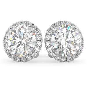 Halo Round Moissanite and Diamond Earrings 14k White Gold 3.77ct - All