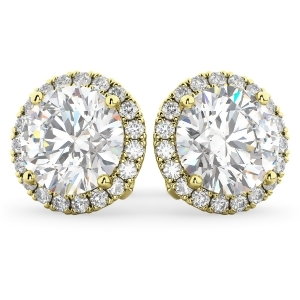 Halo Round Moissanite and Diamond Earrings 14k Yellow Gold 3.77ct - All