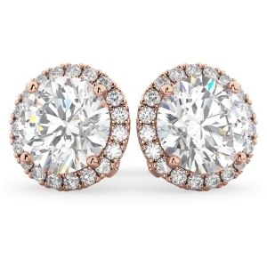 Halo Round Moissanite and Diamond Earrings 14k Rose Gold 3.77ct - All