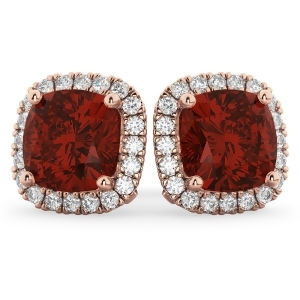 Halo Cushion Garnet and Diamond Earrings 14k Rose Gold 4.04ct - All
