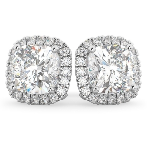 Halo Cushion Moissanite and Diamond Earrings 14k White Gold 3.52ct - All
