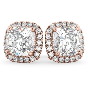 Halo Cushion Moissanite and Diamond Earrings 14k Rose Gold 3.52ct - All