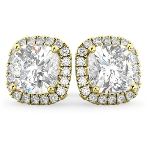 Halo Cushion Moissanite and Diamond Earrings 14k Yellow Gold 3.52ct - All
