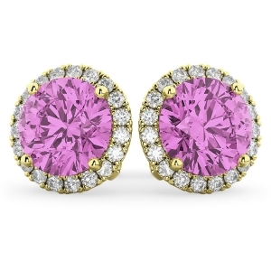 Halo Round Pink Sapphire and Diamond Earrings 14k Yellow Gold 5.17ct - All