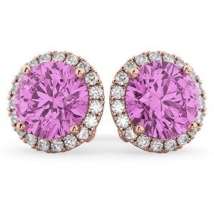 Halo Round Pink Sapphire and Diamond Earrings 14k Rose Gold 5.17ct - All